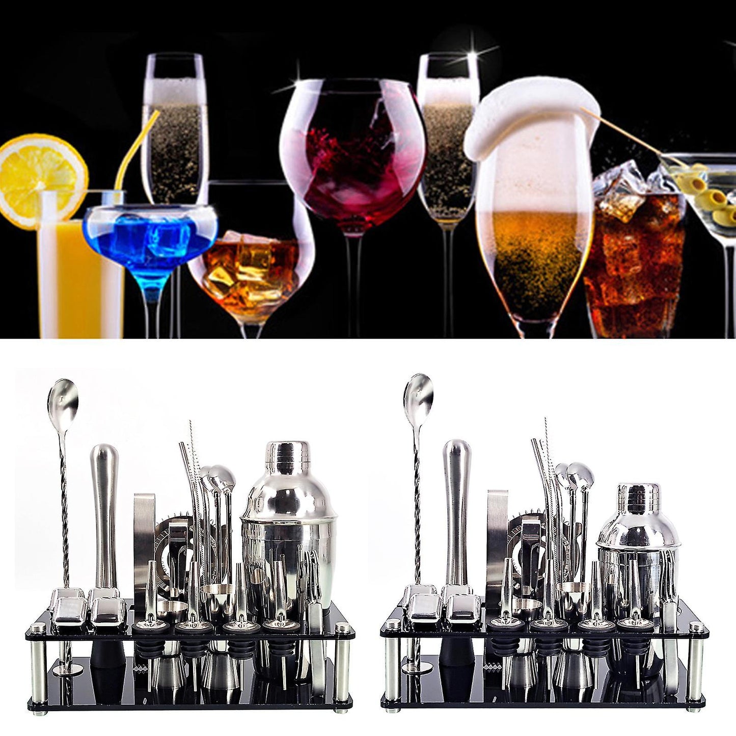 Barkeeper Kit 23-teilig | Edelstahl Cocktail Shaker Set mit Bambusständer | Professionelles Bar Zubehör