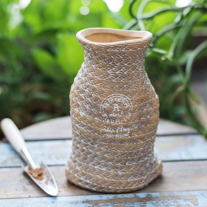 Terrana Jute | Rustikaler Keramik-Blumentopf mit Seilgriffen im Hanftaschen-Design