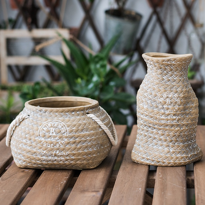 Terrana Jute | Rustikaler Keramik-Blumentopf mit Seilgriffen im Hanftaschen-Design