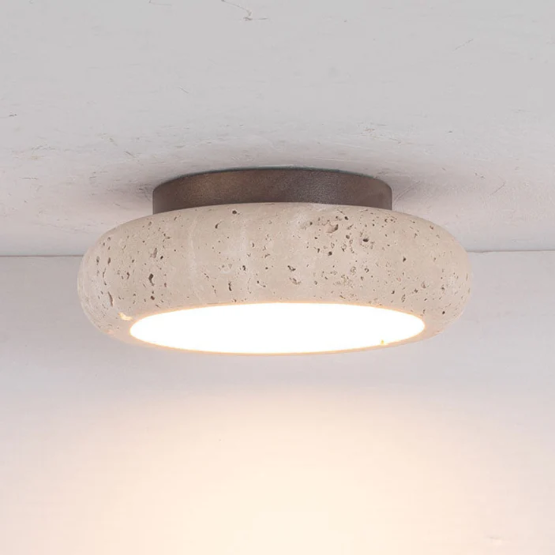 Rava Lys | Retro Travertin plafondlamp met houtdetail