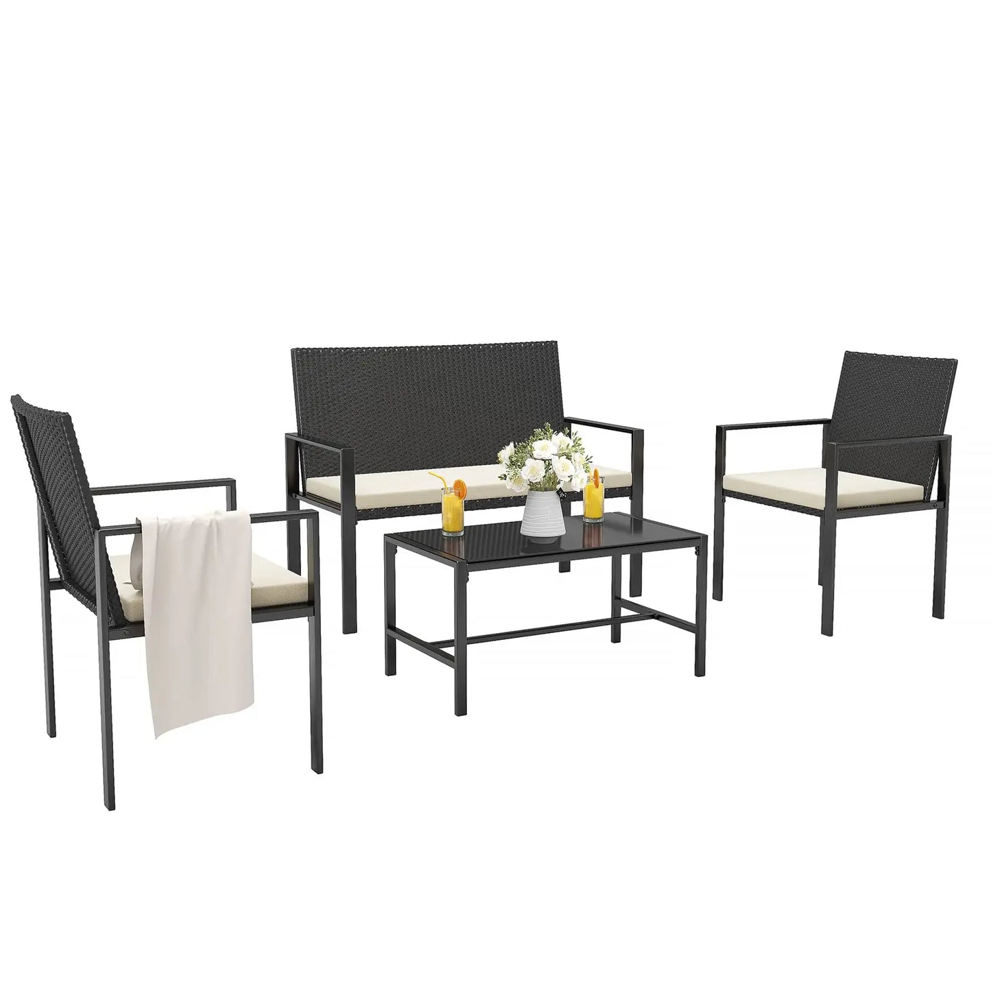 Norrvyn Arto | 4-teiliges Garten-Lounge-Set aus schwarzem Polyrattan mit Glastisch