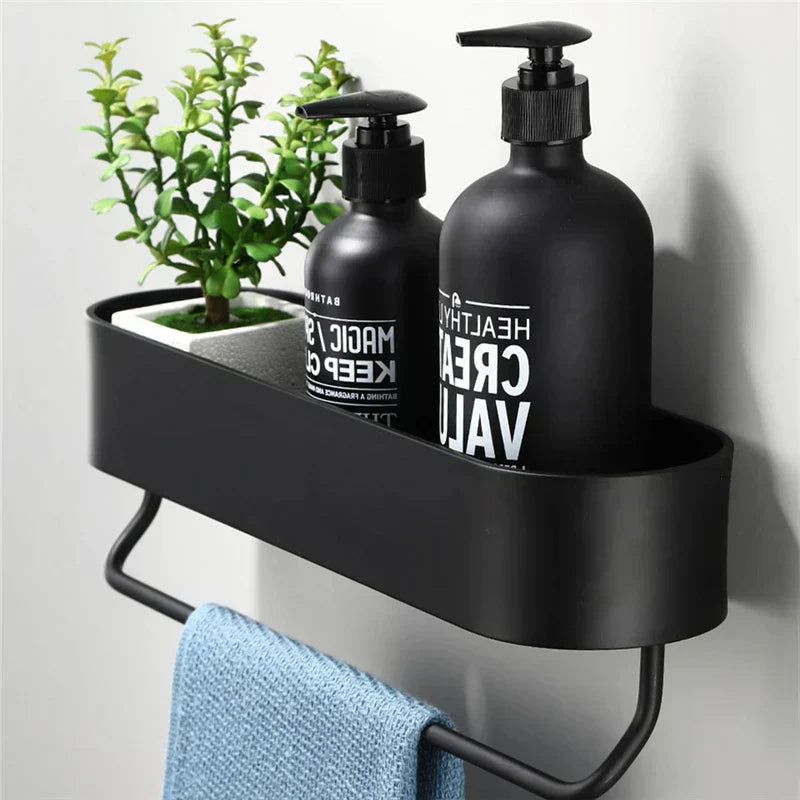 BathCaddy Wandregal | Schwarzes Badregal mit Handtuchhalter & Duschkorb