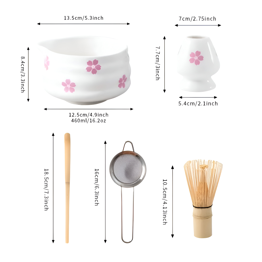 Matcha Set 5 Teilig | Weiße Florale Schale 460 ml | Mit Bambusbesen | Keramik