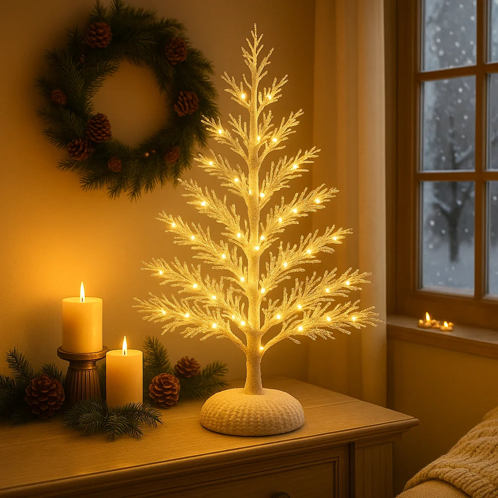 Frosted Winterbaum | Künstlicher Weihnachtsbaum mit Warmweißen LED-Lichtern | Dekobaum 55 cm mit Schneeeffekt