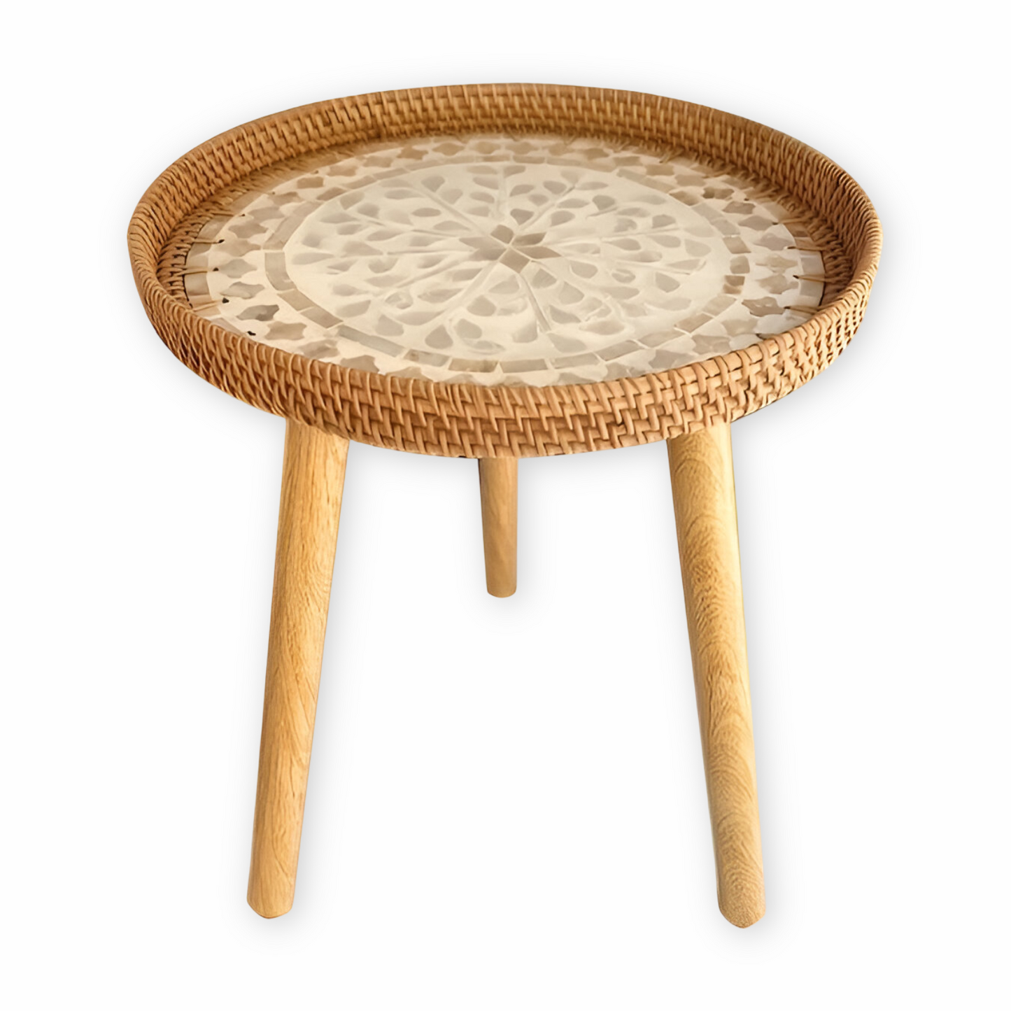Scandi Couchtisch – Runder handgefertigter Rattan Couchtisch aus Holz im nordischen Design