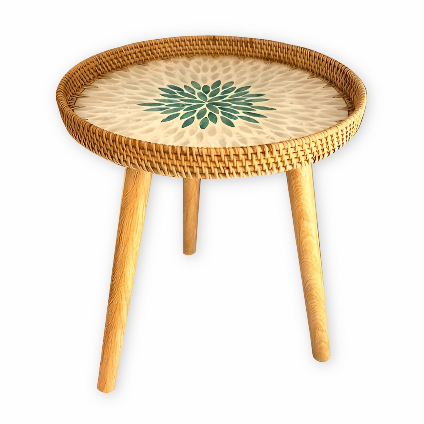 Scandi Couchtisch – Runder handgefertigter Rattan Couchtisch aus Holz im nordischen Design
