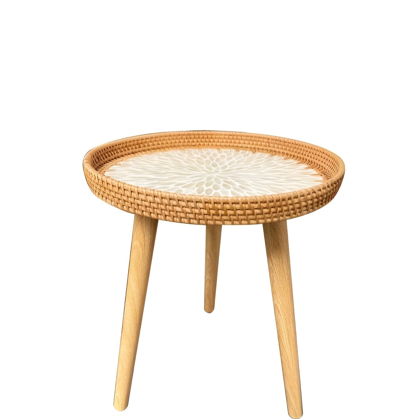 Scandi Couchtisch – Runder handgefertigter Rattan Couchtisch aus Holz im nordischen Design