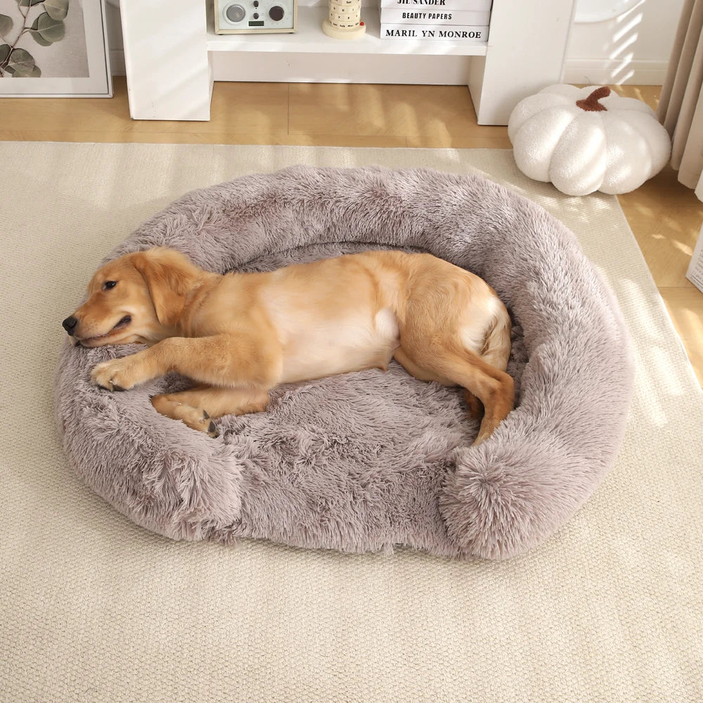Fluffy Hundebett Halb-Offen Rund | Extra Weich Plüsch | Waschbarer Bezug | Anti-Rutsch | 4 Größen