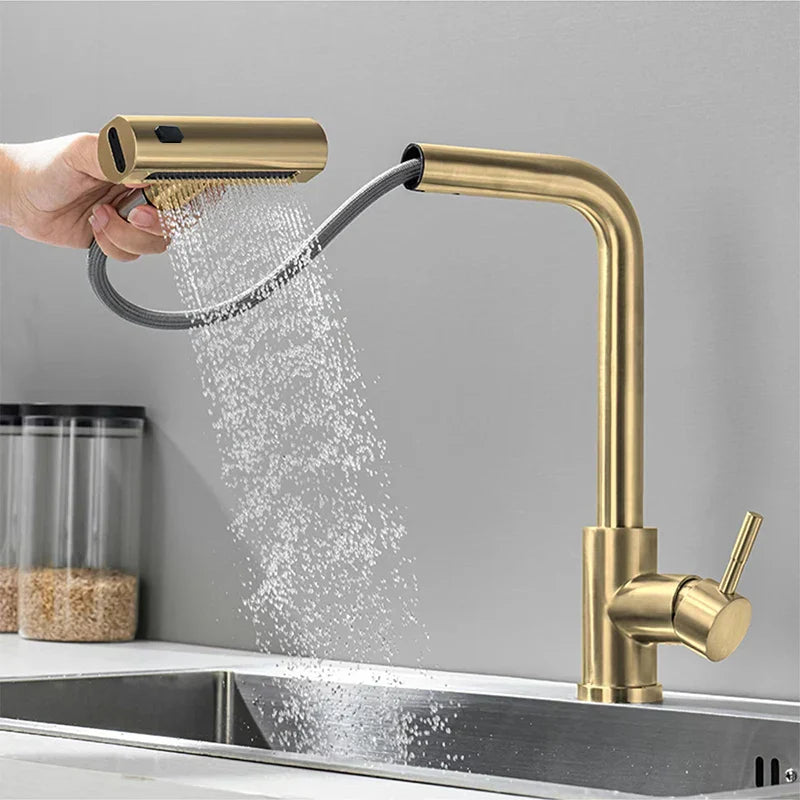 Moderne Küchenarmatur mit herausziehbarer Wasserfall-Handbrause aus Edelstahl
