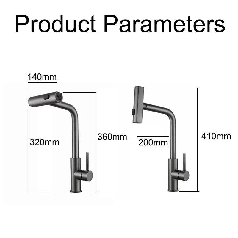 Moderne Küchenarmatur mit herausziehbarer Wasserfall-Handbrause aus Edelstahl