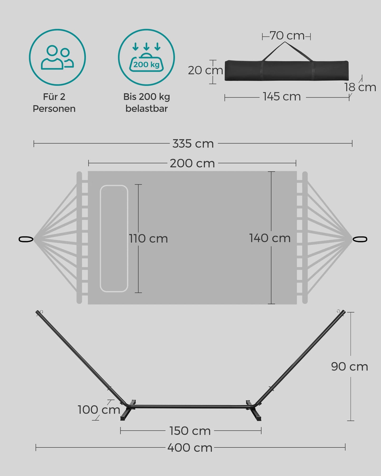 Solvara Luno | Gepolsterte Hängematte mit Metallgestell und Tragkraft bis 200 kg