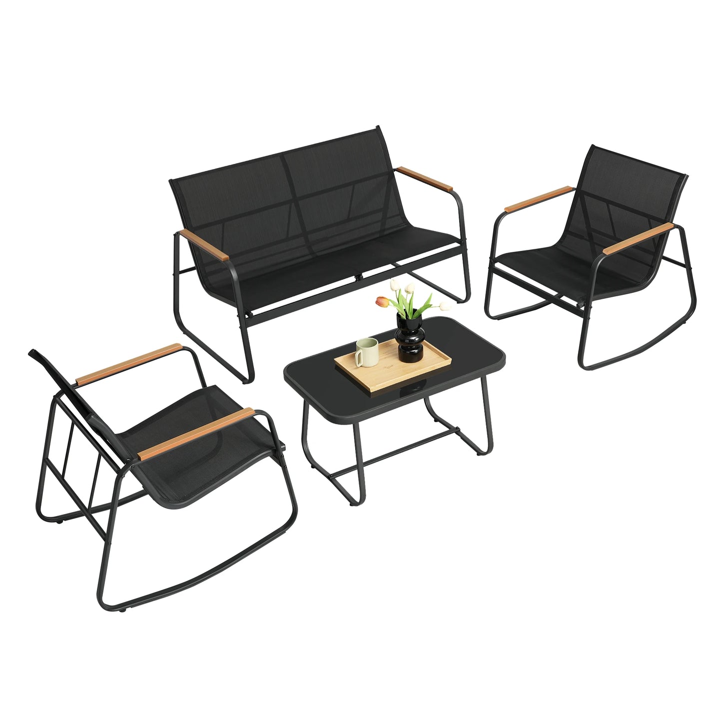 Elaro Brisa | 4-teiliges Balkonmöbel-Set mit Schaukelstühlen & Tisch in Schwarz