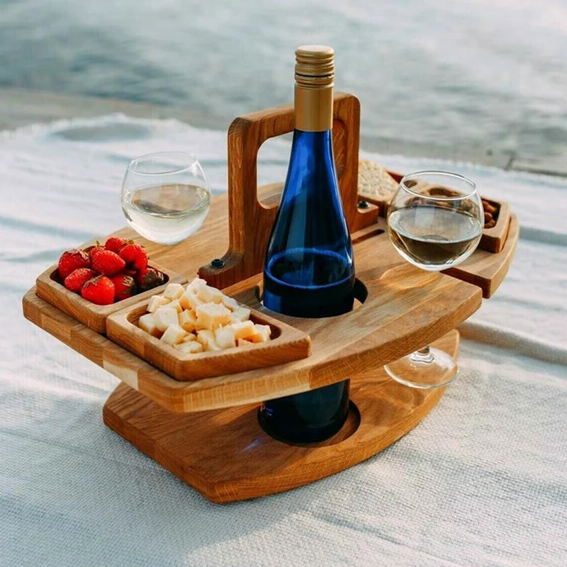 Lunvink Fold | Faltbarer Picknicktisch aus Holz mit Glashaltern und Snackfächern