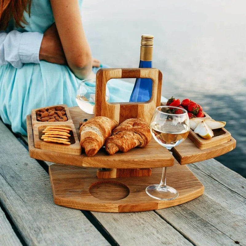 Lunvink Fold | Faltbarer Picknicktisch aus Holz mit Glashaltern und Snackfächern
