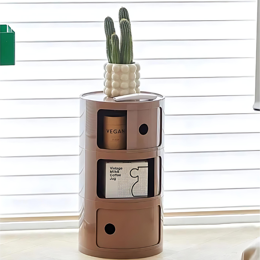 Nera Krog | Fassförmiger Design-Beistelltisch mit Holzablage
