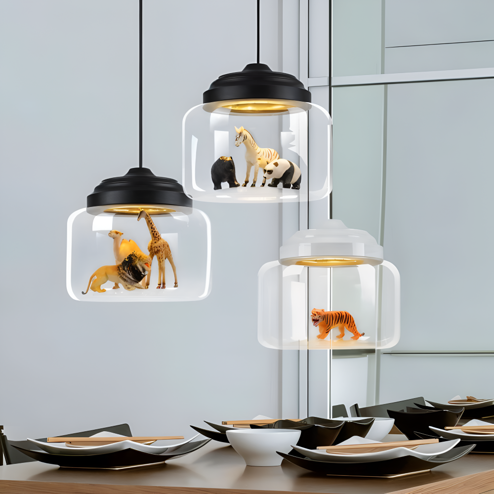 LumiZoo Lampe | LED-Pendelleuchte aus Glas mit Cartoon-Tiermotiv, nordischer Stil