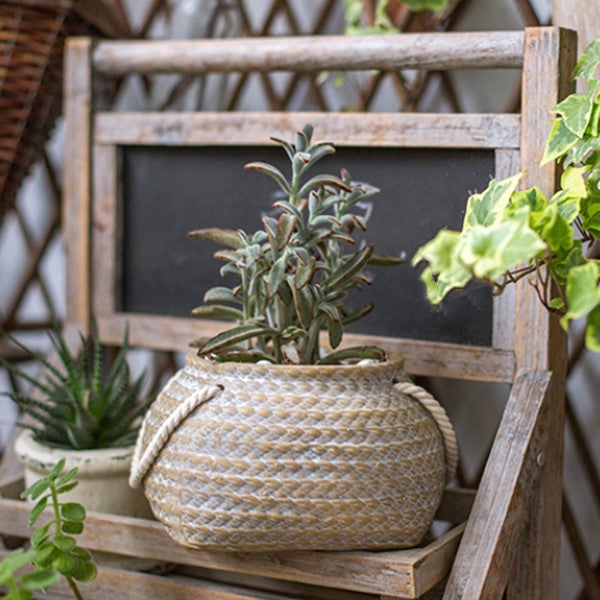 Terrana Jute | Rustikaler Keramik-Blumentopf mit Seilgriffen im Hanftaschen-Design