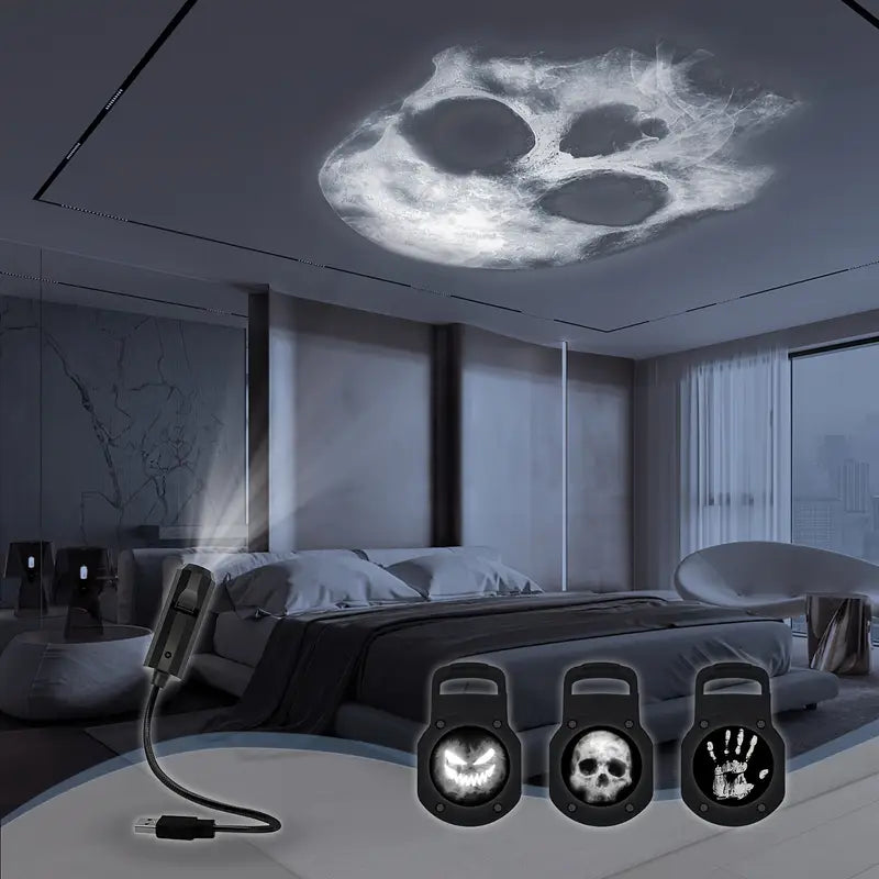 Halloween Skull LED Nachttischlampe – Rotierende Schädel Lampe mit Projektion & USB