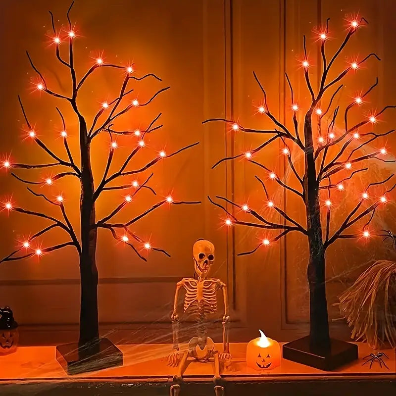 Halloween LED Baum 60cm – Schwarzer Deko-Baum mit Lila & Orange Lichtern