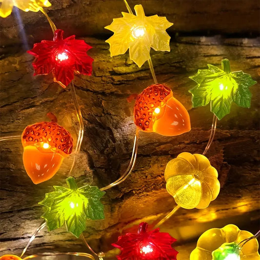 Halloween Herbst Lichterkette – 3m LED Girlande mit Kürbis, Ahornblatt & Eichel