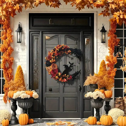 Halloween Gotischer Türkranz – Türdeko mit Hexenkatze, Mond & Rosen