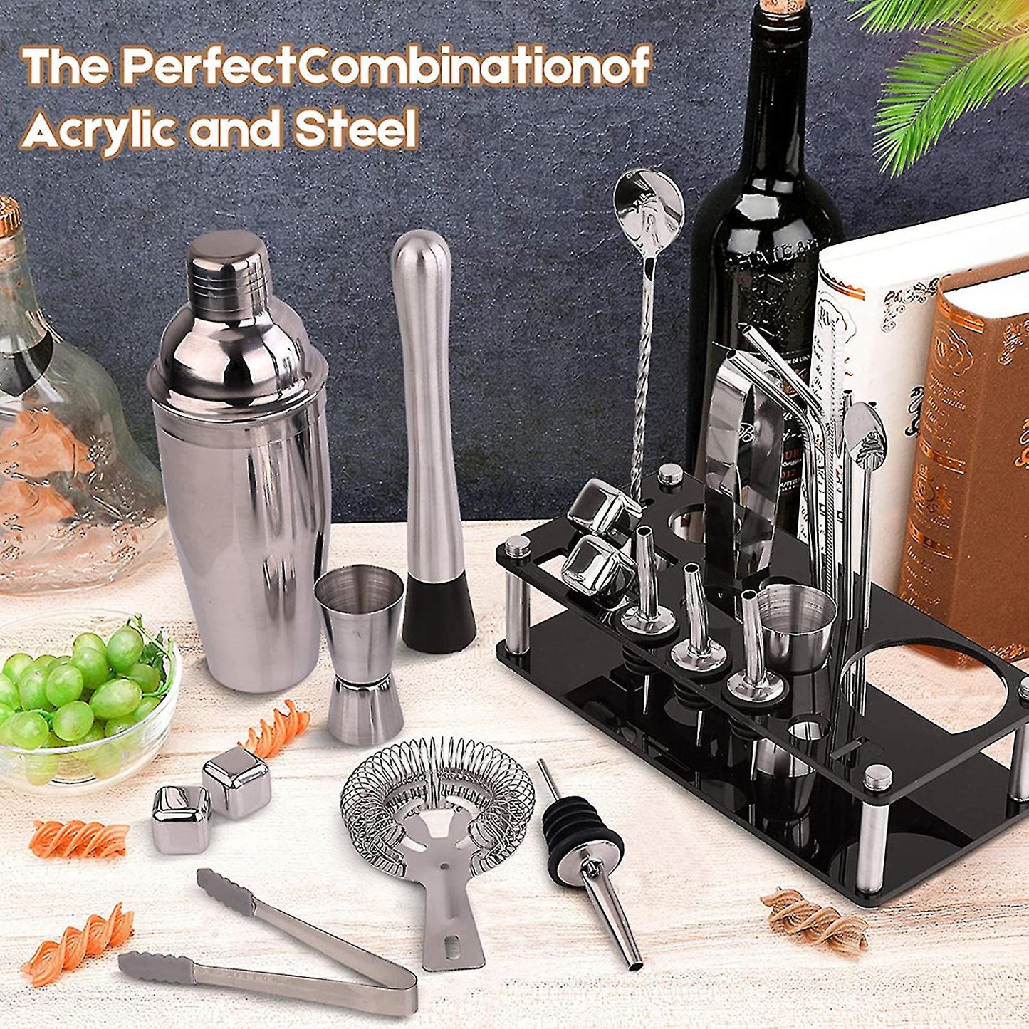 Barkeeper Kit 23-teilig | Edelstahl Cocktail Shaker Set mit Bambusständer | Professionelles Bar Zubehör
