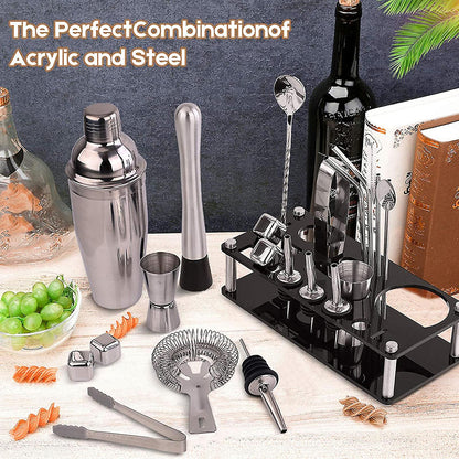 Barkeeper Kit 23-teilig | Edelstahl Cocktail Shaker Set mit Bambusständer | Professionelles Bar Zubehör