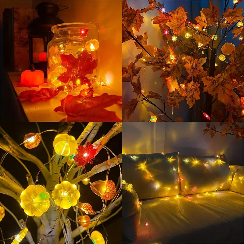 Halloween Herbst Lichterkette – 3m LED Girlande mit Kürbis, Ahornblatt & Eichel