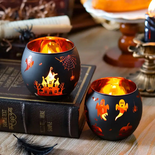 Halloween Kerzenhalter Set – 2er-Glasdeko mit Kürbis, Spinne & Fledermaus