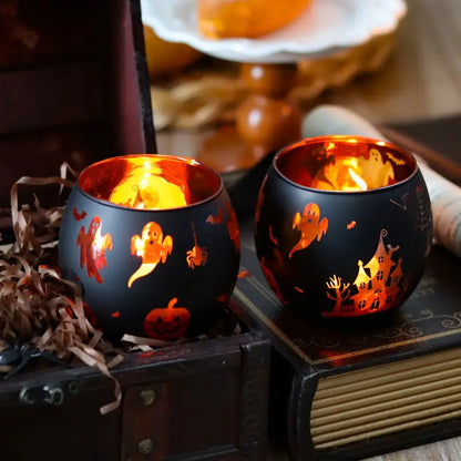 Halloween Kerzenhalter Set – 2er-Glasdeko mit Kürbis, Spinne & Fledermaus