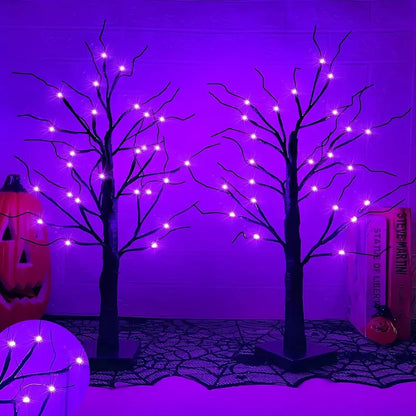Halloween LED Baum 60cm – Schwarzer Deko-Baum mit Lila & Orange Lichtern