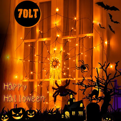 Halloween Spinnennetz Lichterkette – LED Lila & Orange für gruselige Partydeko