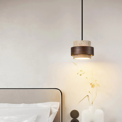 Vira Sabi | Pendelleuchte aus Travertin und Holz im Wabi-Sabi-Stil