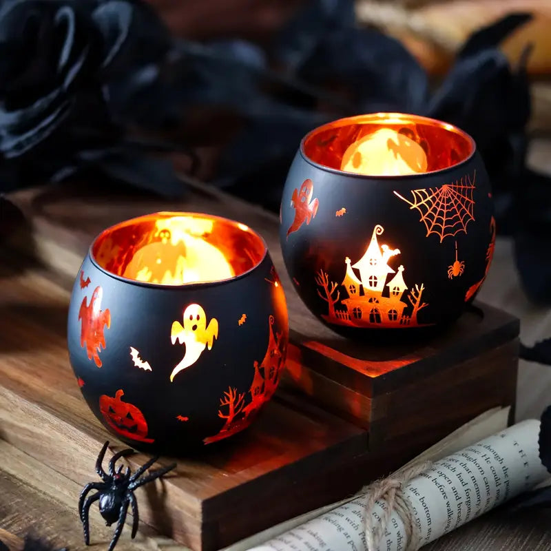 Halloween Kerzenhalter Set – 2er-Glasdeko mit Kürbis, Spinne & Fledermaus