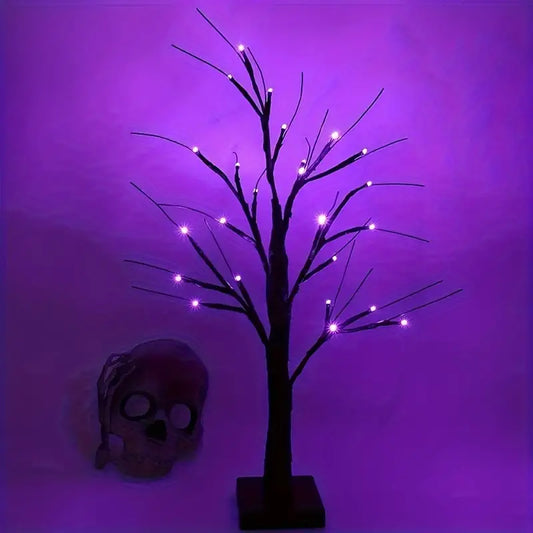 Halloween LED Baum 60cm – Schwarzer Deko-Baum mit Lila & Orange Lichtern