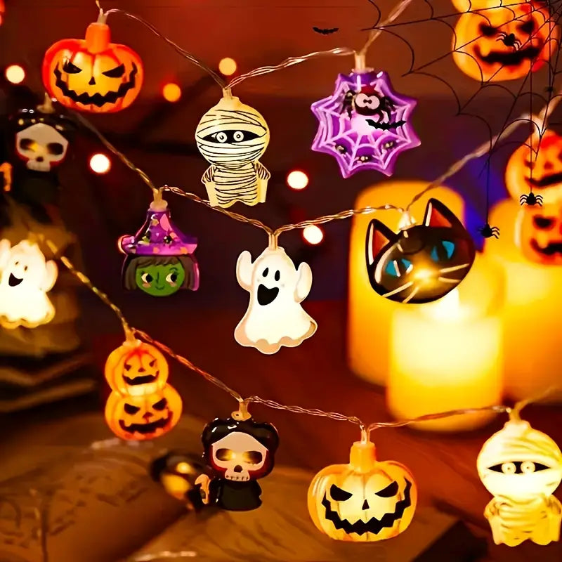 Halloween Kürbis Spinnen Lichterkette – LED Partydeko mit Hexenmotiven