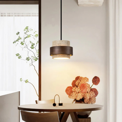 Vira Sabi | Pendelleuchte aus Travertin und Holz im Wabi-Sabi-Stil