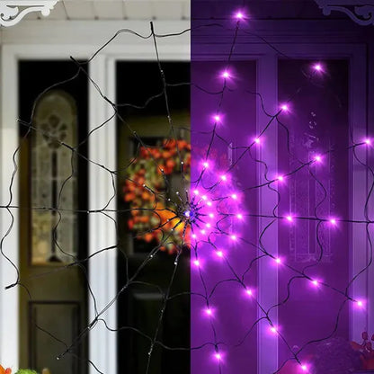 Halloween Spinnennetz Lichterkette – LED Lila & Orange für gruselige Partydeko