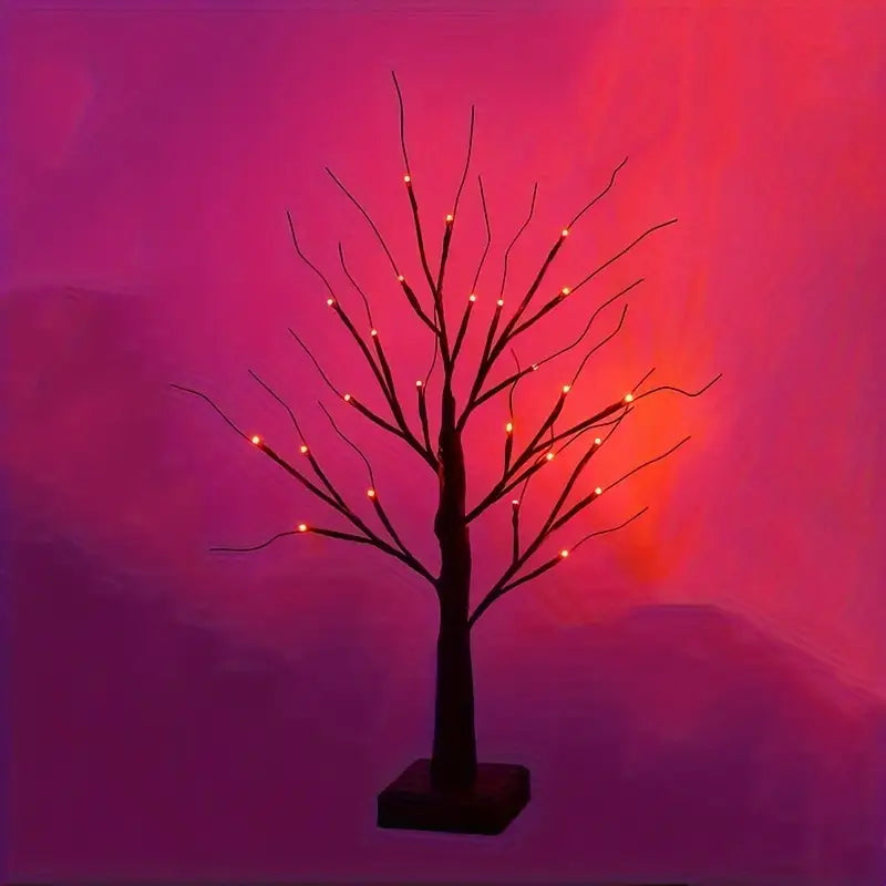 Halloween LED Baum 60cm – Schwarzer Deko-Baum mit Lila & Orange Lichtern