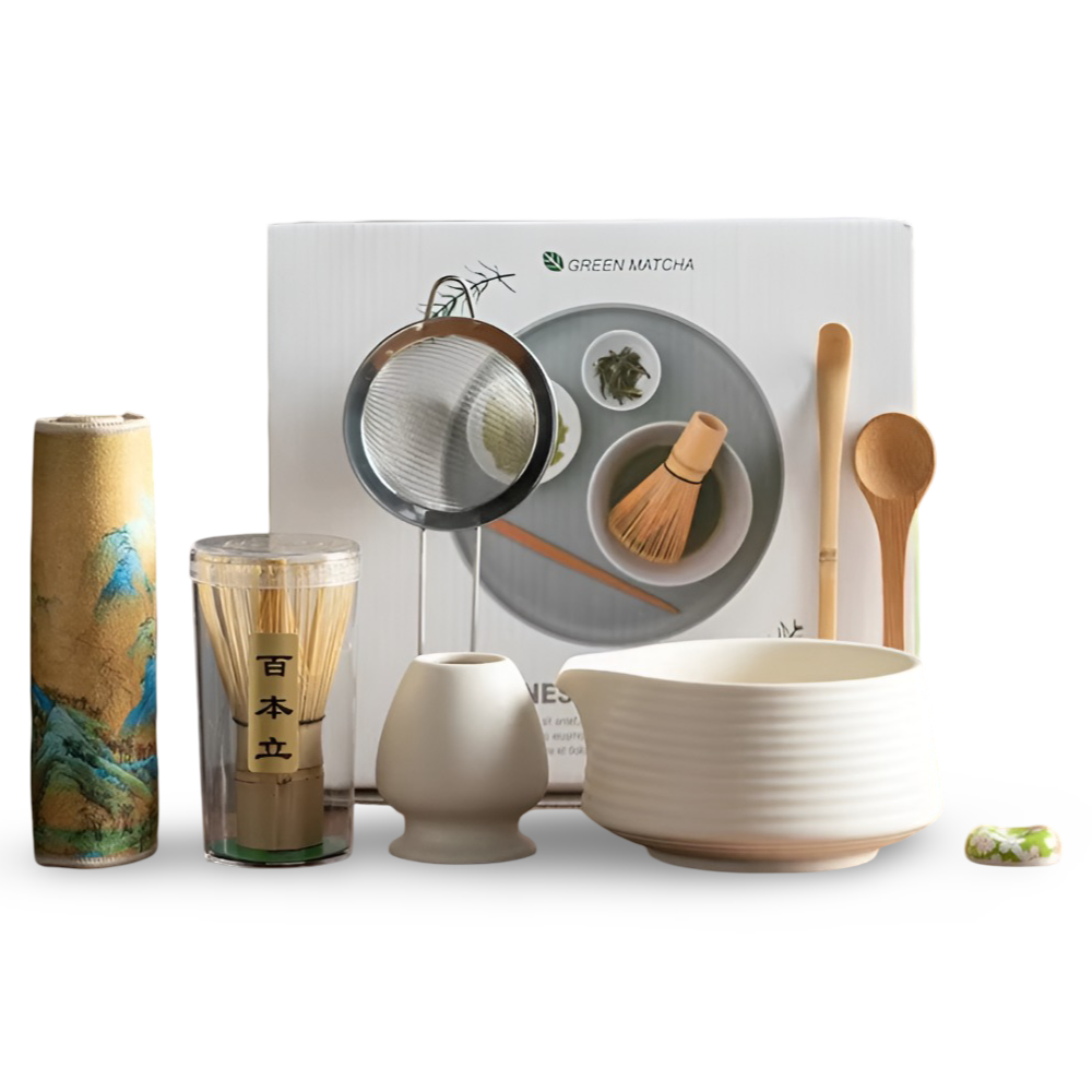 Matcha Set 8 Teilig | Keramikschale 500 ml | Mit Bambus Zubehör | Komplettset