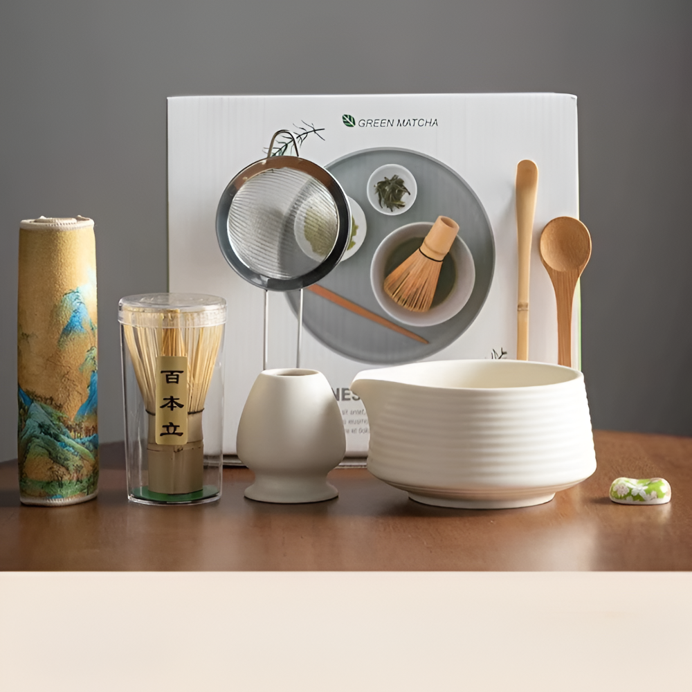Matcha Set 8 Teilig | Keramikschale 500 ml | Mit Bambus Zubehör | Komplettset