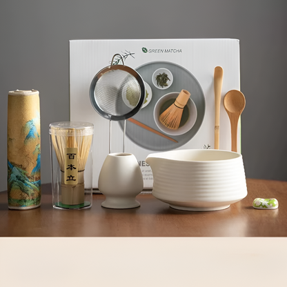 Matcha Set 8 Teilig | Keramikschale 500 ml | Mit Bambus Zubehör | Komplettset