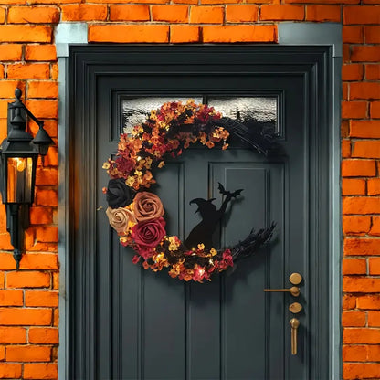 Halloween Gotischer Türkranz – Türdeko mit Hexenkatze, Mond & Rosen