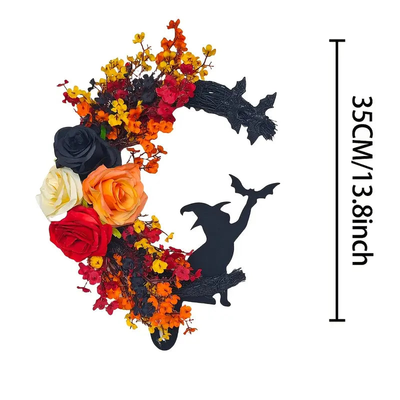 Halloween Gotischer Türkranz – Türdeko mit Hexenkatze, Mond & Rosen