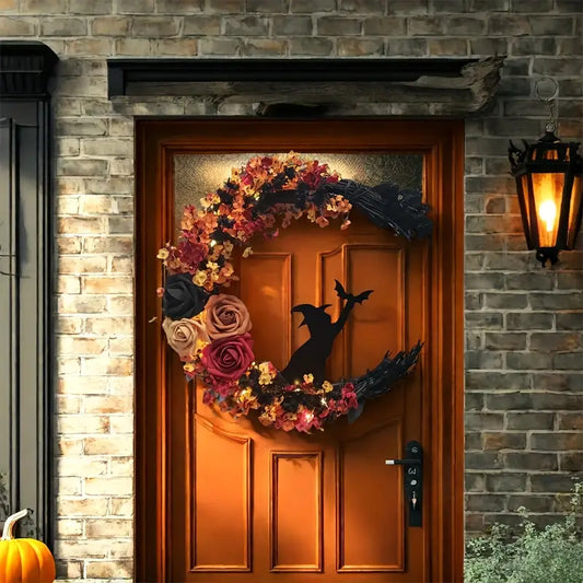 Halloween Gotischer Türkranz – Türdeko mit Hexenkatze, Mond & Rosen