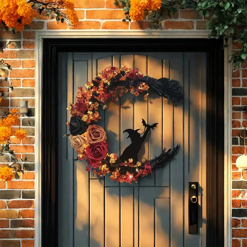 Halloween Gotischer Türkranz – Türdeko mit Hexenkatze, Mond & Rosen