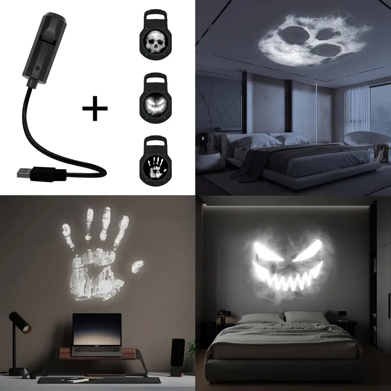 Halloween Skull LED Nachttischlampe – Rotierende Schädel Lampe mit Projektion & USB