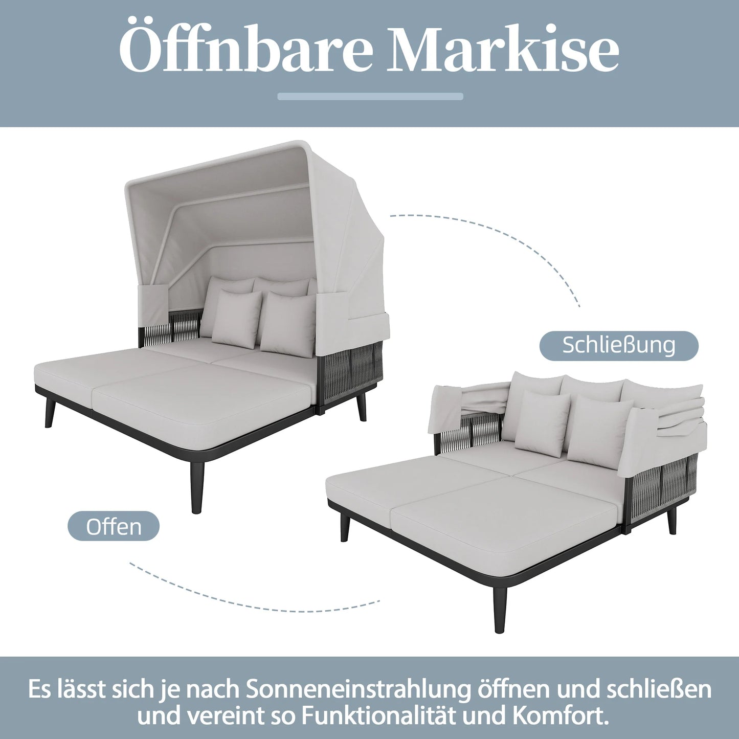 Velvyn Shade | 2-Sitzer Gartensofa mit ausziehbarem Sonnendach aus Stahl