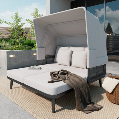 Velvyn Shade | 2-Sitzer Gartensofa mit ausziehbarem Sonnendach aus Stahl