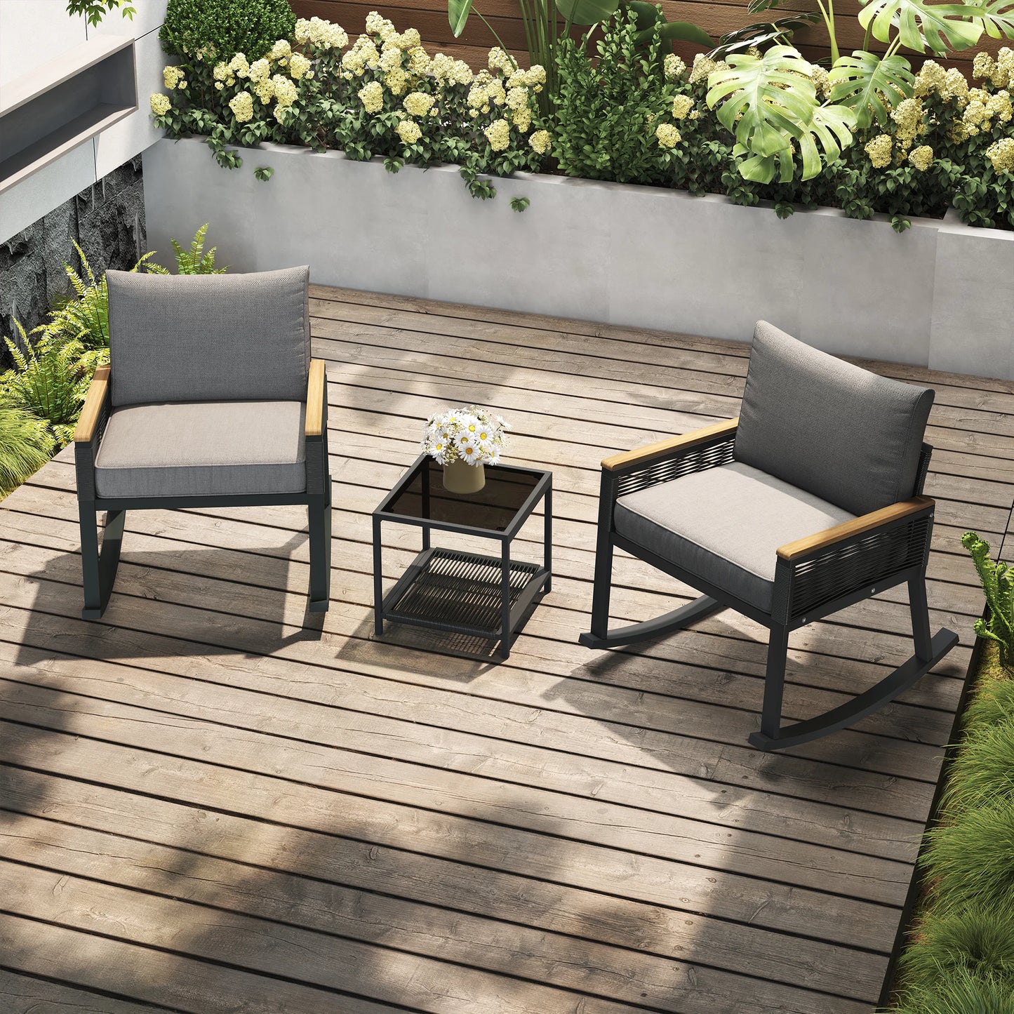 Ravndal Havn | Seilbespannte Garten-Sitzgruppe mit Schaukelstühlen